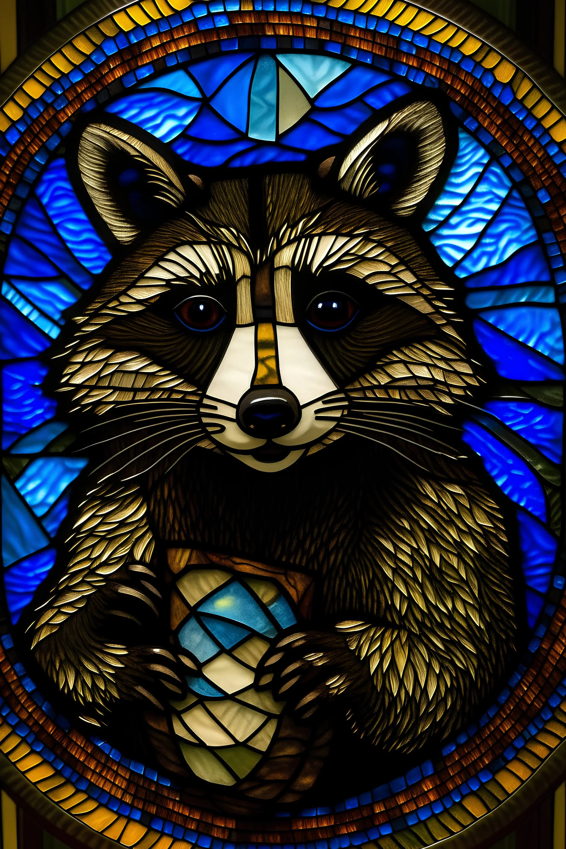 realistic mesmerizing stained glass window depicting a raccoon saint playing a drum; mosaic with defined tile edges, subdued colors, best quality, fragile, dynamic, transparency, photo realistic