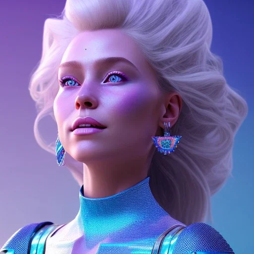 A portrait of a full body crystalised blue pink queen,smiling face, blue eyes, long blond hair, atmospheric, realistic, unreal engine, lighting, octane render.