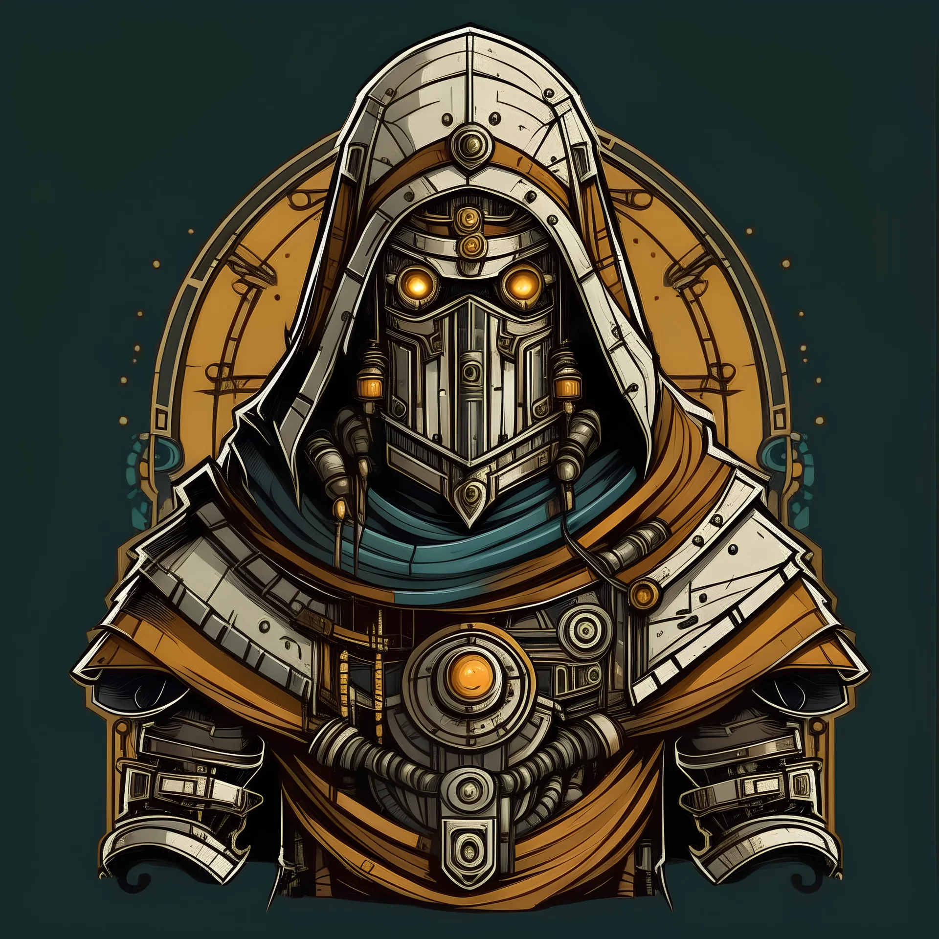 DND style of a steam punk robot with his face covered in a shemagh, he is a cleric of Moradin and has a shield with his symbol on it.