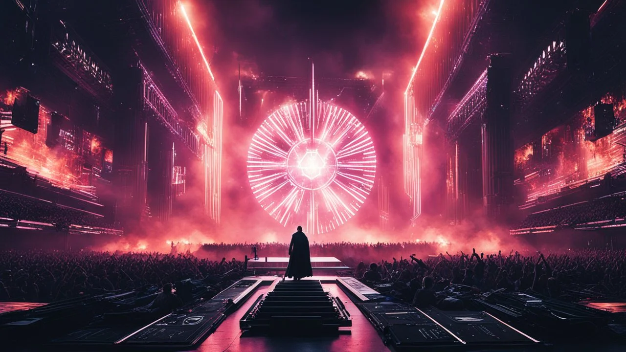 Create a visual Dystopian background representation of Dominus Sound hardstyle dance music festival, where music technology reigns supreme. Emphasize the dominance of dystopian digital elements with a sleek and powerful aesthetic. no text