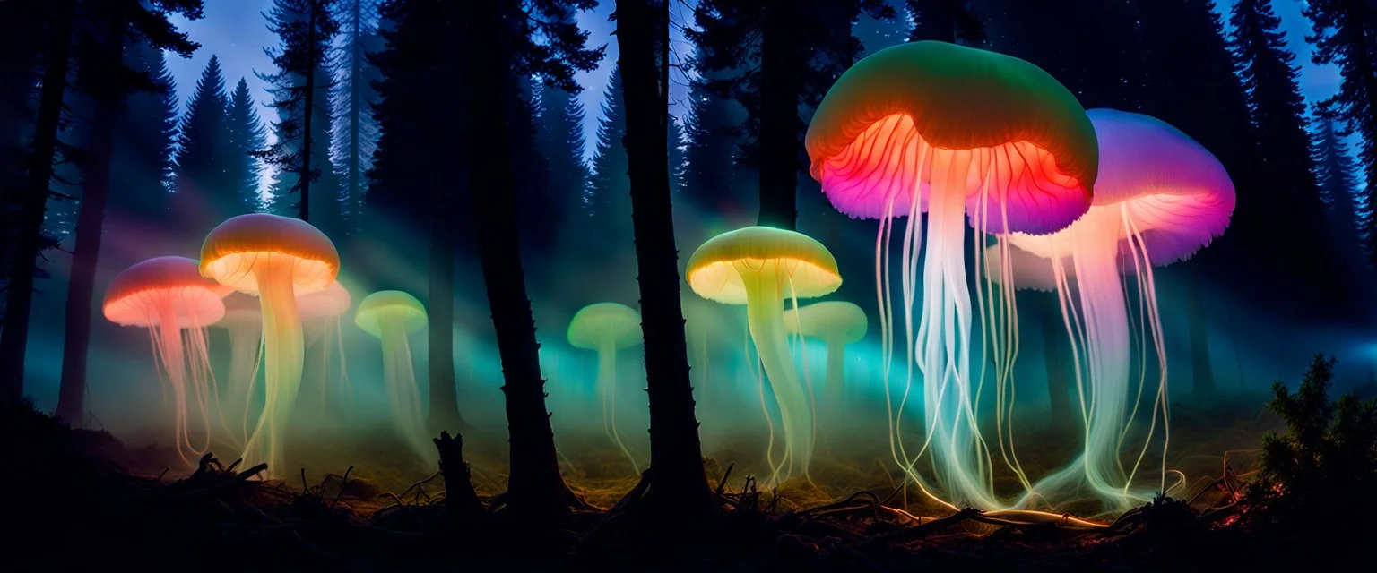 Giant bio luminous Rainbow floating JellyFish Fungus, fungal, light floating in a forest, mist, light trails, nighttime,long exposure, Treeline, Alberta, scientist, Dystopian, Hyper detailed, Realistic, Extreme depth of field, bokeh blur, Alberta all-natural, National Geographic, in the style of candid, imperfection, natural lighting, cinematic, Fuji Film, Anamorphic lens, 2040s, --ar 4:5 --w 150 --style raw