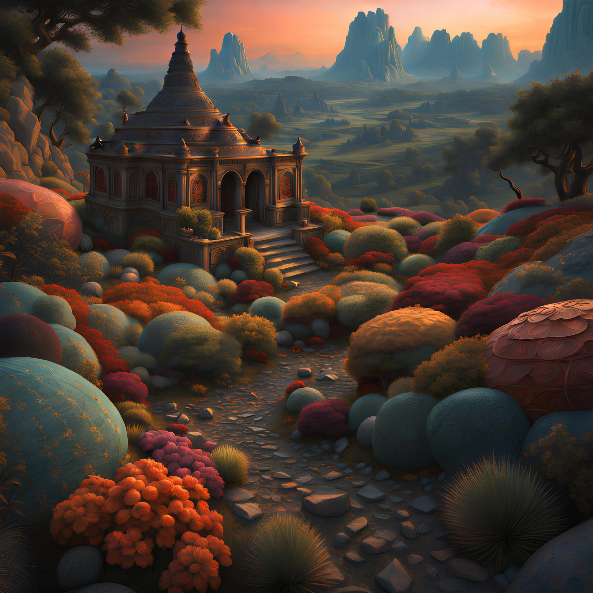 Peaceful landscape, detailed dark pretty cinematic, ultra detailed, vintage, detailed, warm, triadic colors, intricate details, sharp focus, trending on artstation, hyper detailed painting by Max Ernst, CGSociety, ZBrush Central, fantasy art, high resolution