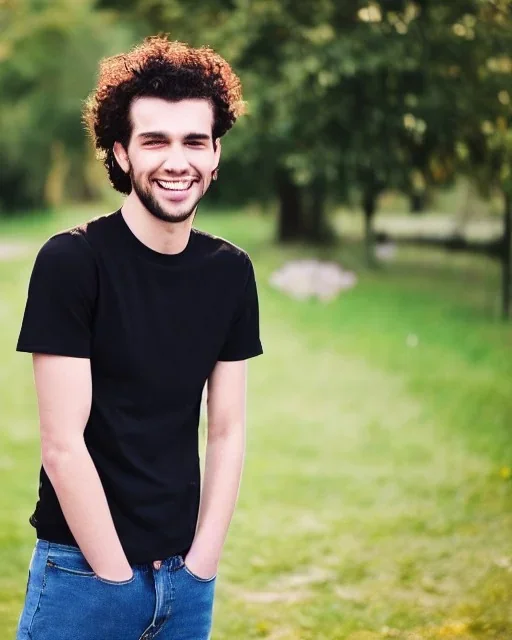 A slim relatively high guy with wild curly bright hair, smiling with teeth and wearing black skinny jeans and a t-shirt