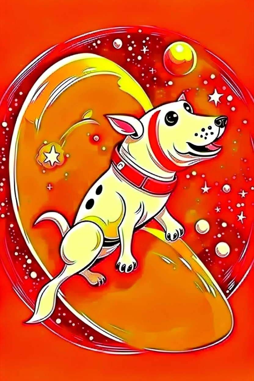 white and orange dog flies to the moon top of the a rocket