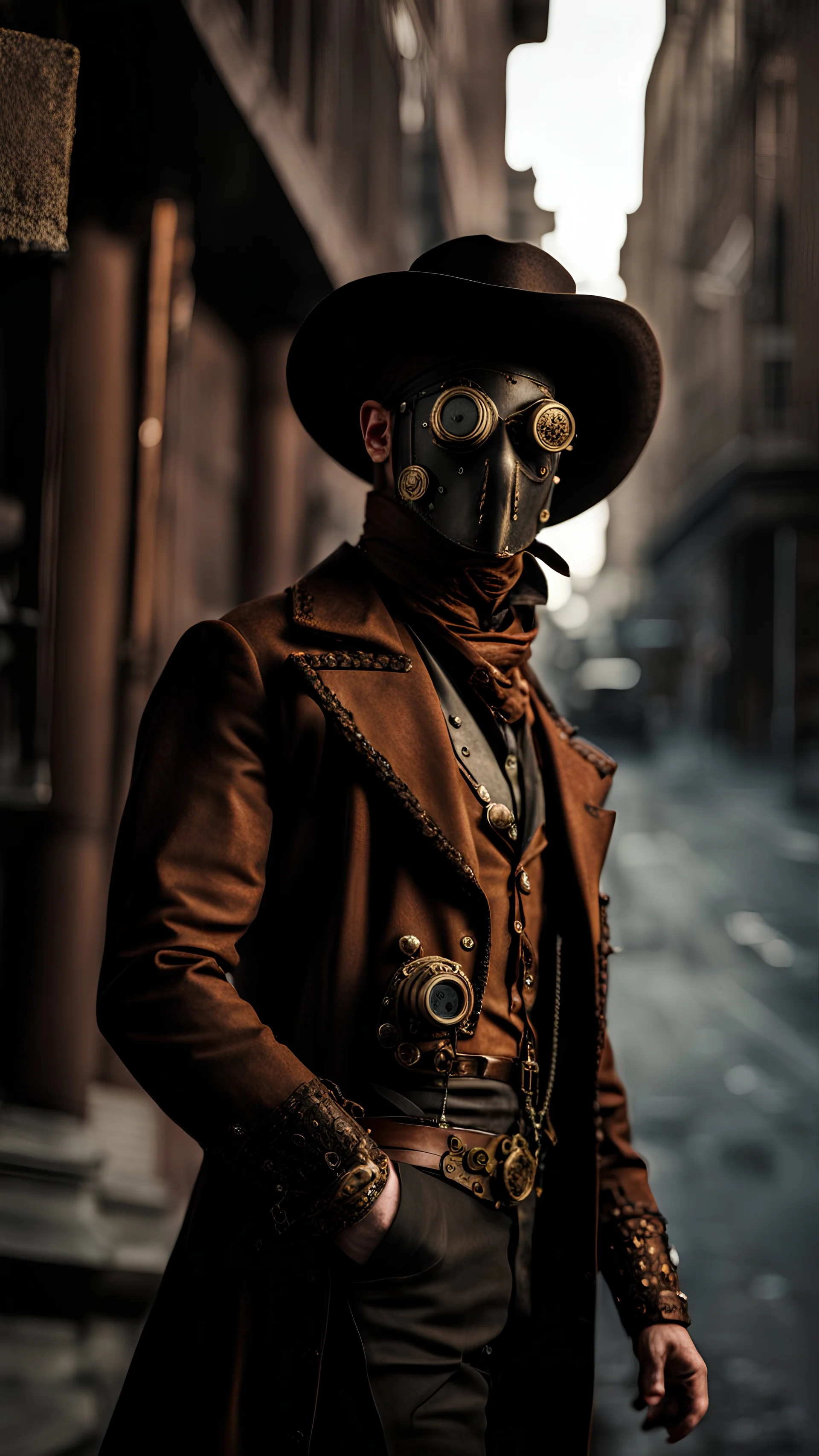 cinematic, 70mm, STEAMPUNK COWBOY WITH HAT COVERING HALF FACE IN DARK STEAMPUNK CITY