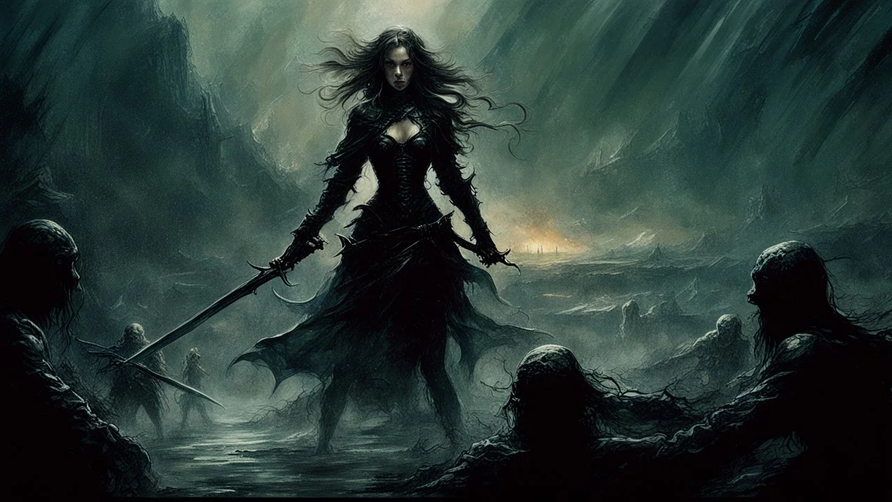 Dark fantasy world, girl, battle, mist, battlefield, Lovecraft's Monster in the background, dark colors, Luis Royo & Raymond Swanland & Alyssa Monks & Anna Razumovskaya