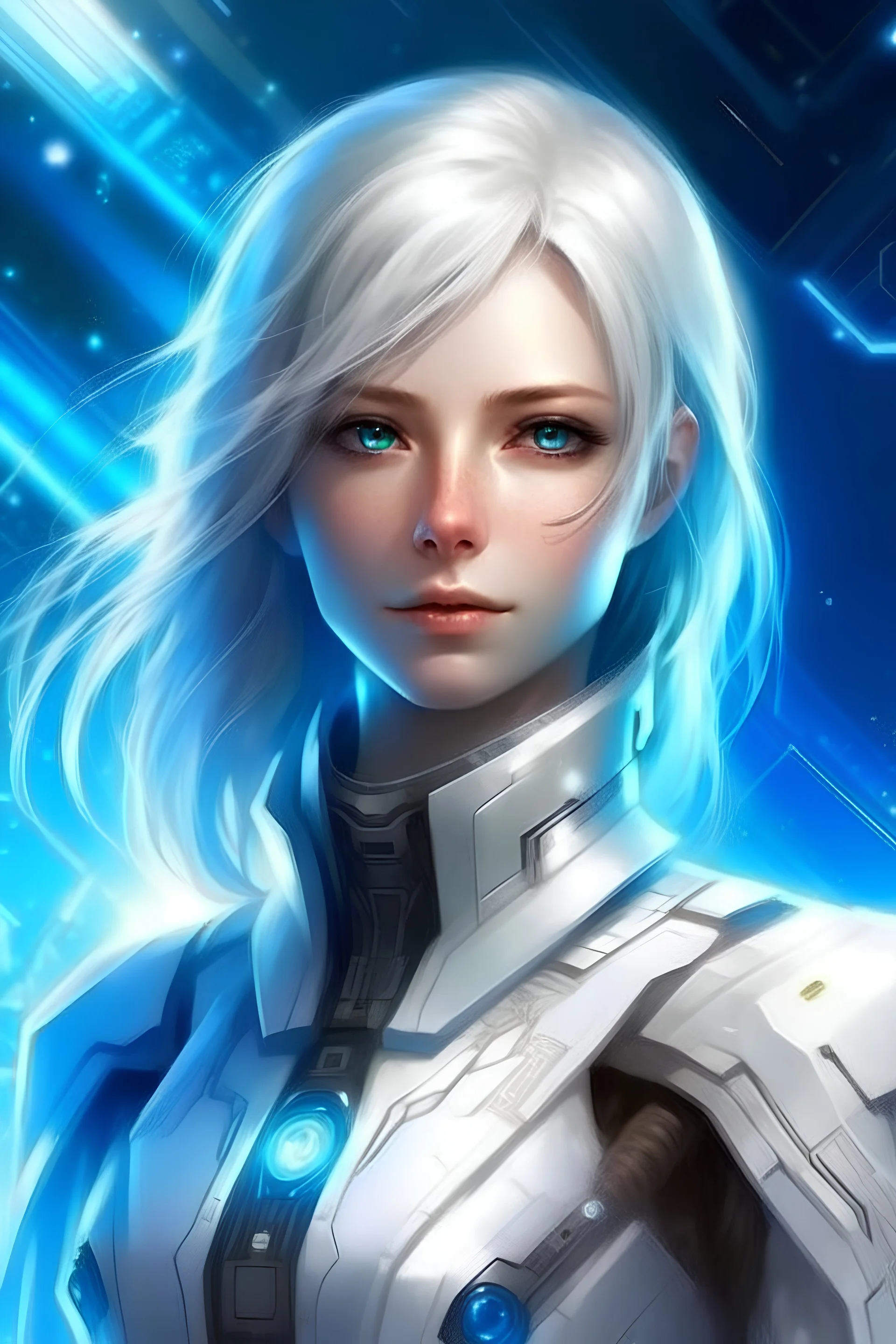 beautifull woman starship chief commander, white jumpsuit bright galaxy, white hairs, leader galactic, angel light warior, chief leader, white clear spaceship, very clear blue eyes, angel