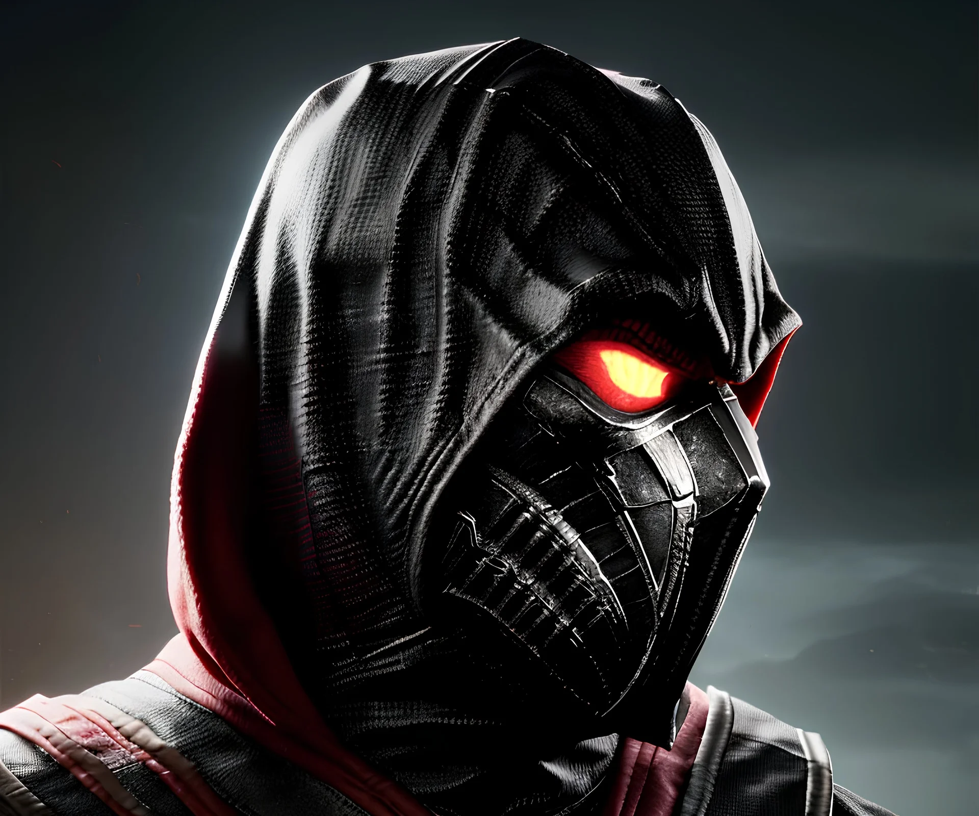 Ermac, mask cover whole face and hood , mortal kombat 11, highly detailed, hyper-detailed, beautifully color-coded, insane details, intricate details, beautifully color graded, Cinematic, Color Grading, Editorial Photography, Depth of Field, DOF, Tilt Blur, White Balance, 32k, Super-Resolution, Megapixel, ProPhoto RGB, VR, Half rear Lighting, Backlight, non photorealistic rendering