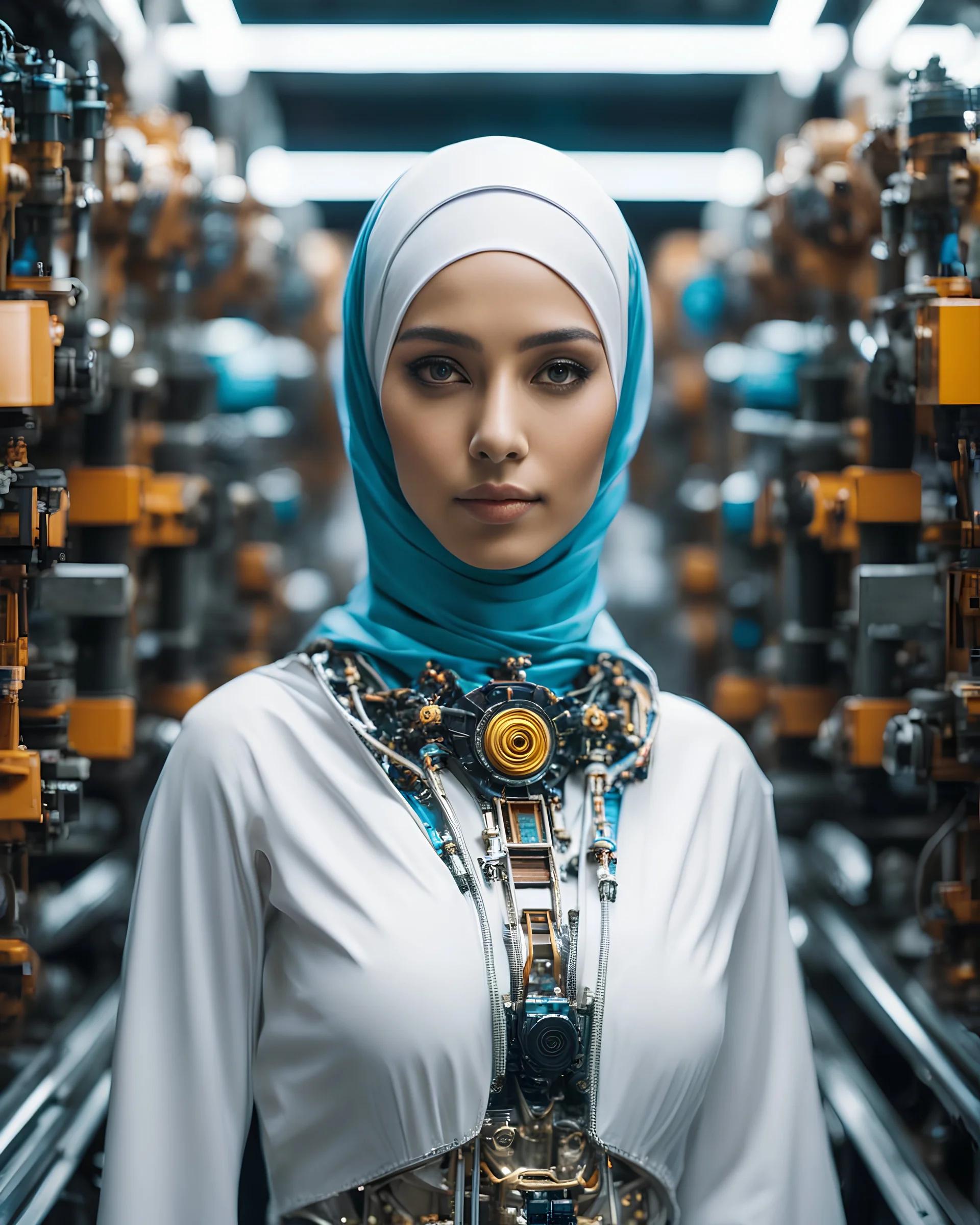 potrait cinematography colors a beautiful face woman humanoid hijab robot mechanical walking in between two rows of complex machinery with vibrant colors