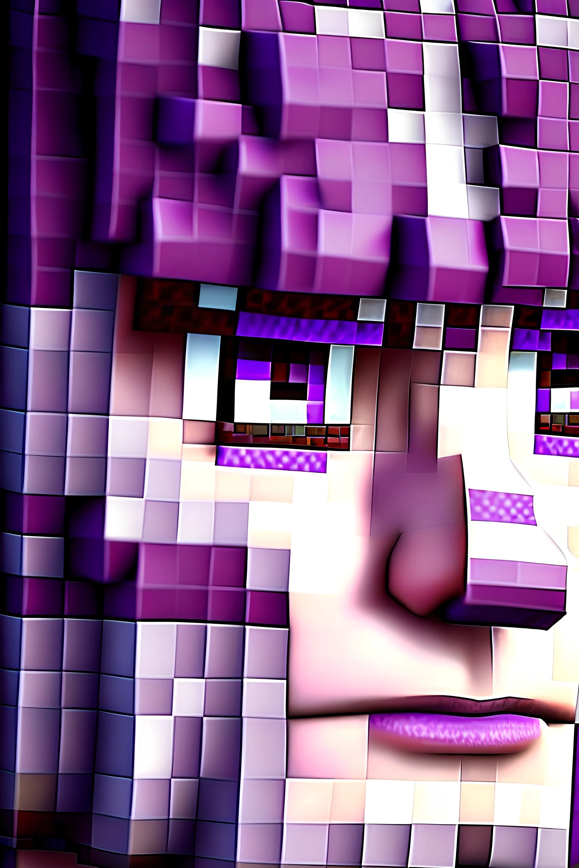 a close-up portrait of a purple Minecraft face, boy, 3d, large pixel style