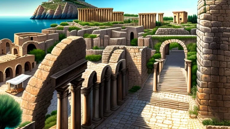 An ancient Phoenician city with a large gate , from down view