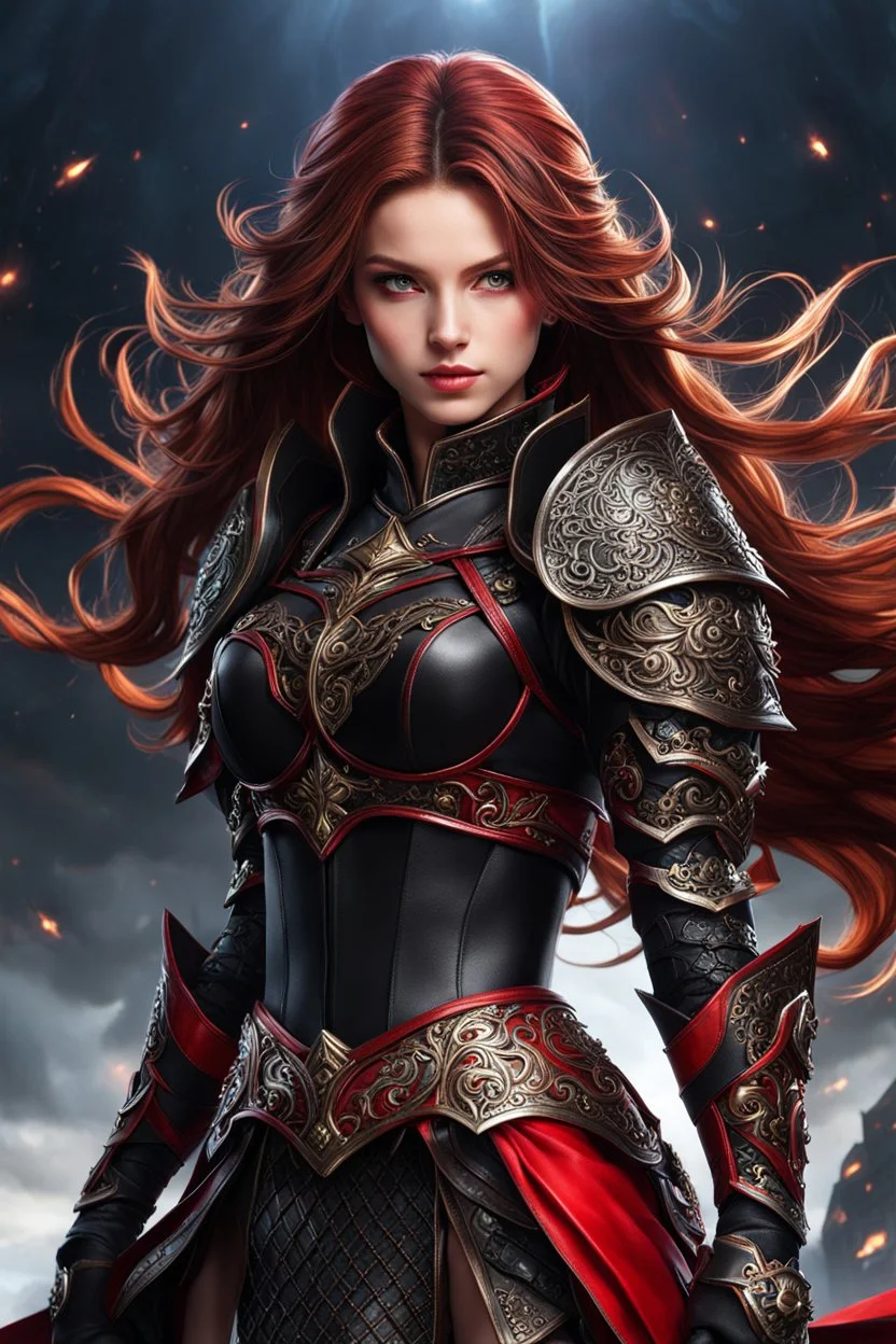 full body picture of a young woman with long brown hair, fantasy, dark, wearing black and red leather fantasy armor, evil, red eyes, smirk, confident, arrogant, anime, high resolution, hi res, detailed, intricate, fighting, warrior, detailed background, 8k resolution