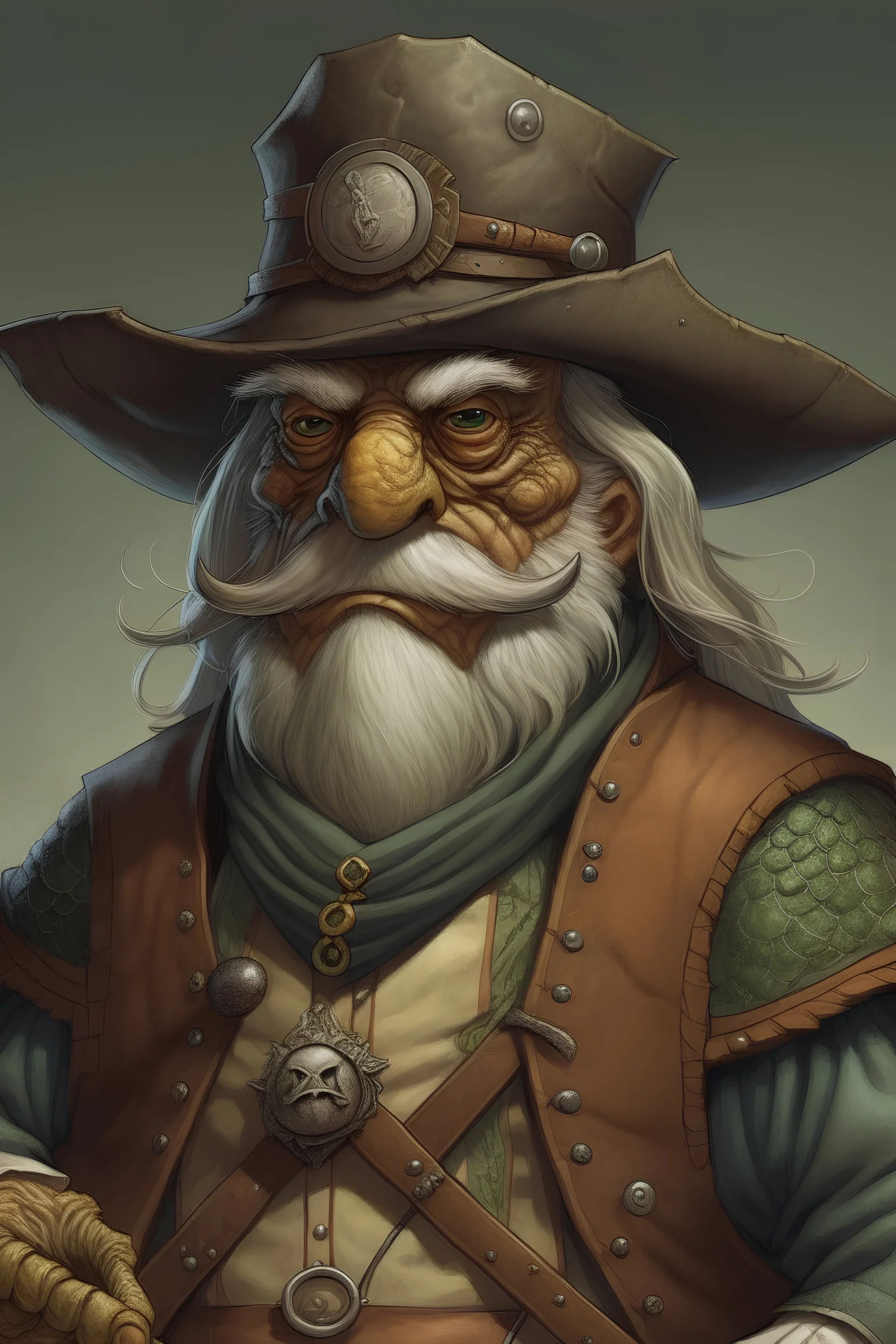 dungeons and dragons character portrait: elderly turtle with a black eyepatch, brown pirate clothing, and a brown tricorn hat