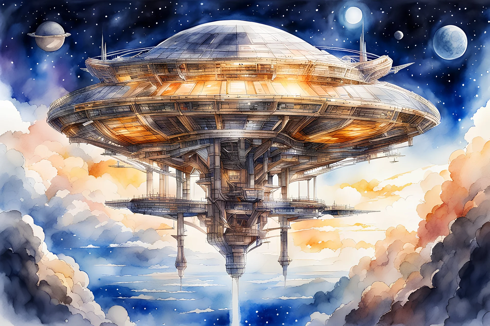 masterpiece, anime illustration, watercolor painting, mega structure, space-based solar power