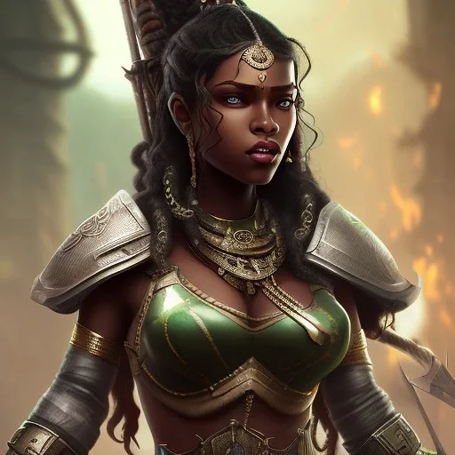 fantasy setting, insanely detailed, dark-skinned woman, indian, black hair with one green curl, warrior,