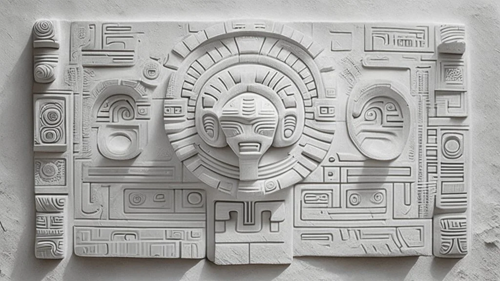 futuristic, realistic,tecno music, mayan drawings on white stone