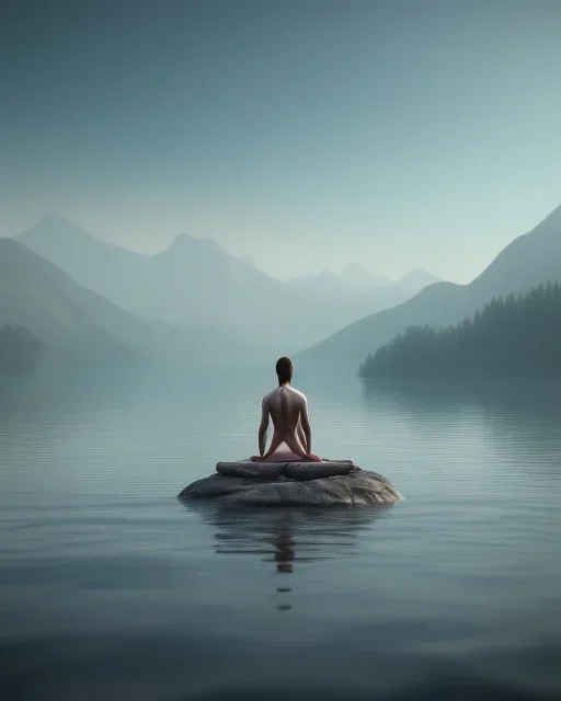 person meditating floating above water with mountains in the background