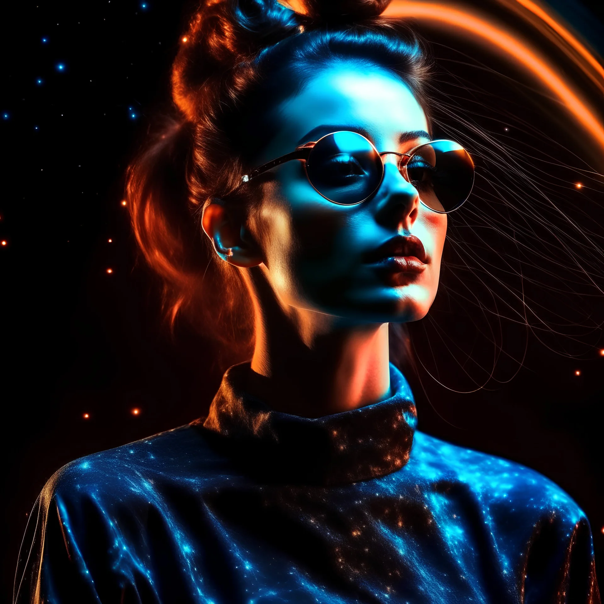 it's a new day woman at space, picture sytnhwave style, 80' years old fashioned with lasers in the night