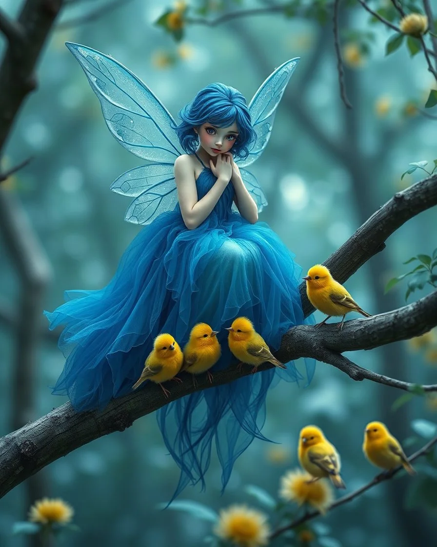 Photorealistic magical scene featuring a delicate fairy with indigo hair and wings sitting gracefully on a tree branch. The fairy should be dressed in a flowing vibrant deep multicolor indigo dress that blends seamlessly with the natural surroundings. Surround the fairy with five small, fluffy vibrant deep yellow birds, enhancing the enchanting and whimsical atmosphere of a pale lush, verdant pale blue forest.