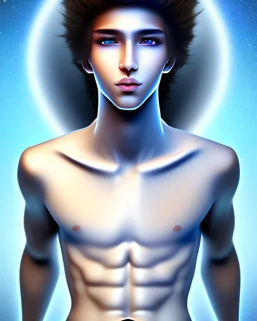 beautiful, slender, 10 year old arabic boy with very long curly hair and light blue eyes, shirtless