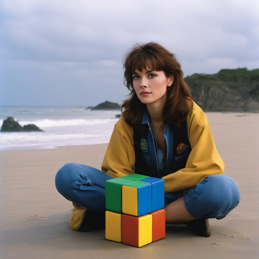[photo by Kevin Eastman and Peter Laird] focused April O'Neil, 24-years-old solving a Rubik's , sitting leaning against three giant rubik's cubes, the overcast sky and beach in the background, vibrant 1990's movie