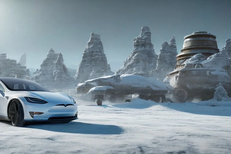A Tesla 'Model S' is parked, on the planet 'Hoth'. CINEMATIC. WIDE ANGLE LENS. PHOTO REAL.