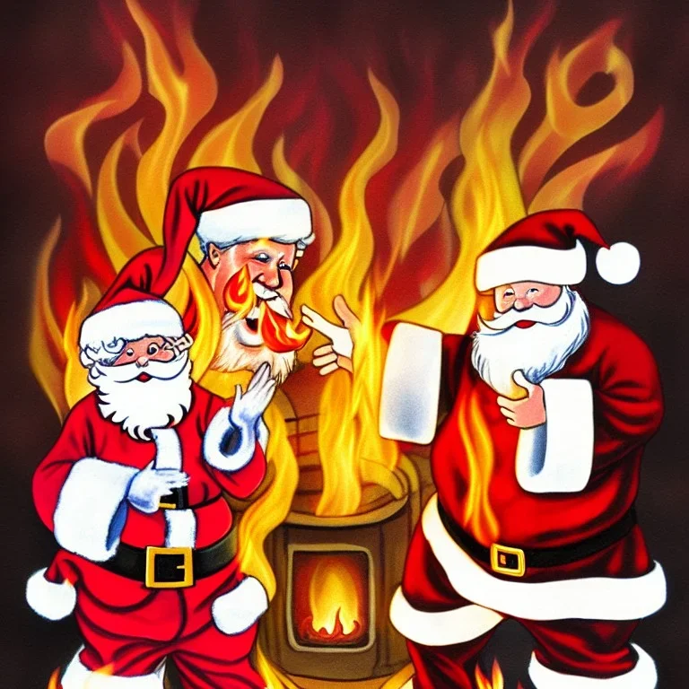 Santa Claus and fire demon, christmas card art