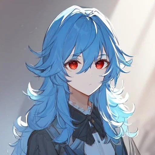 Clear focus, High resolution, rough line sketch art, blue hair, fluffy hair, between eyes, red eyes, no light in eyes