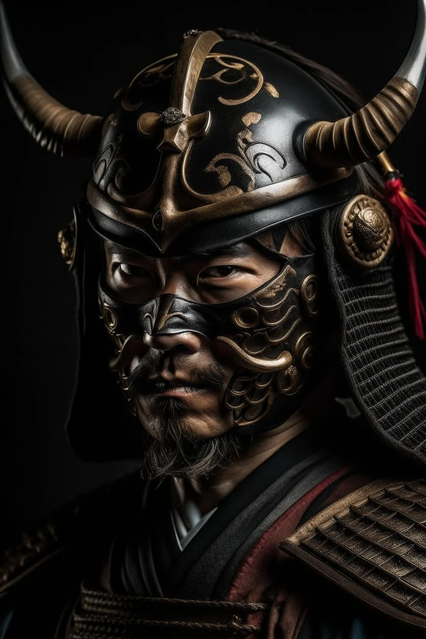 samurai with crescent moon helmet and oni mask portrait