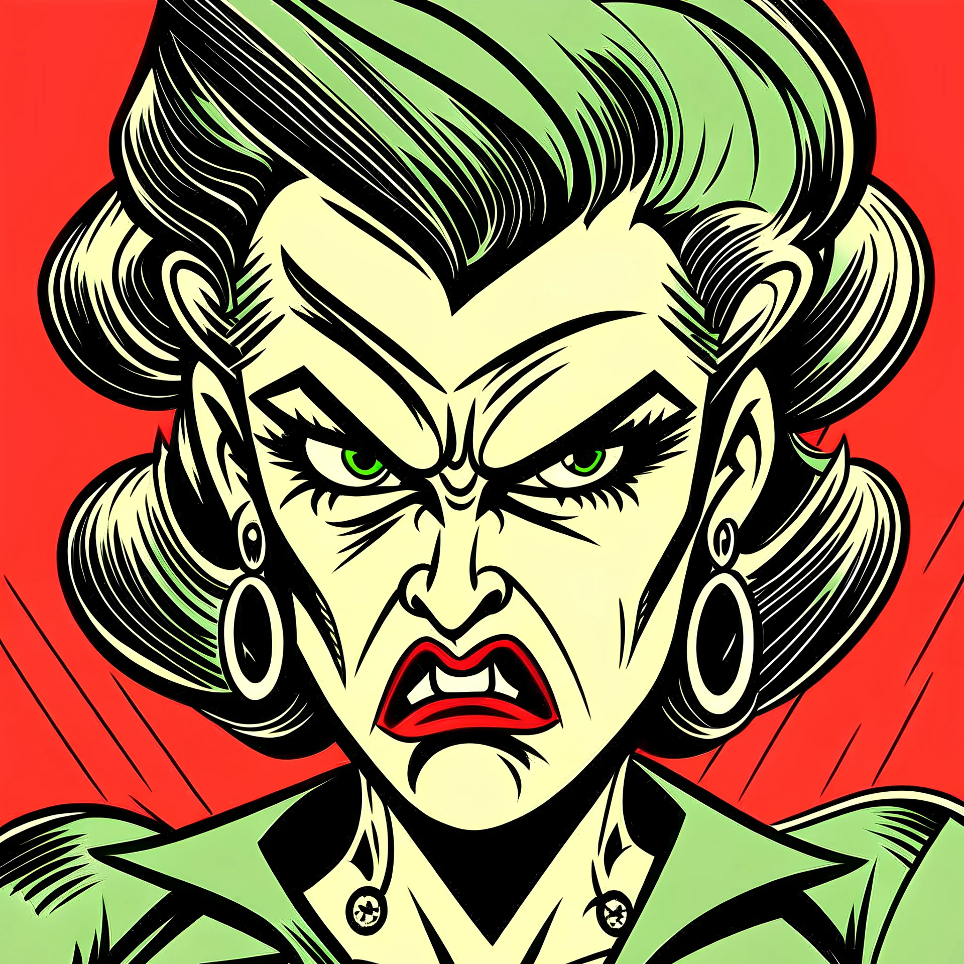 50s comic book style drawing of angry female villain