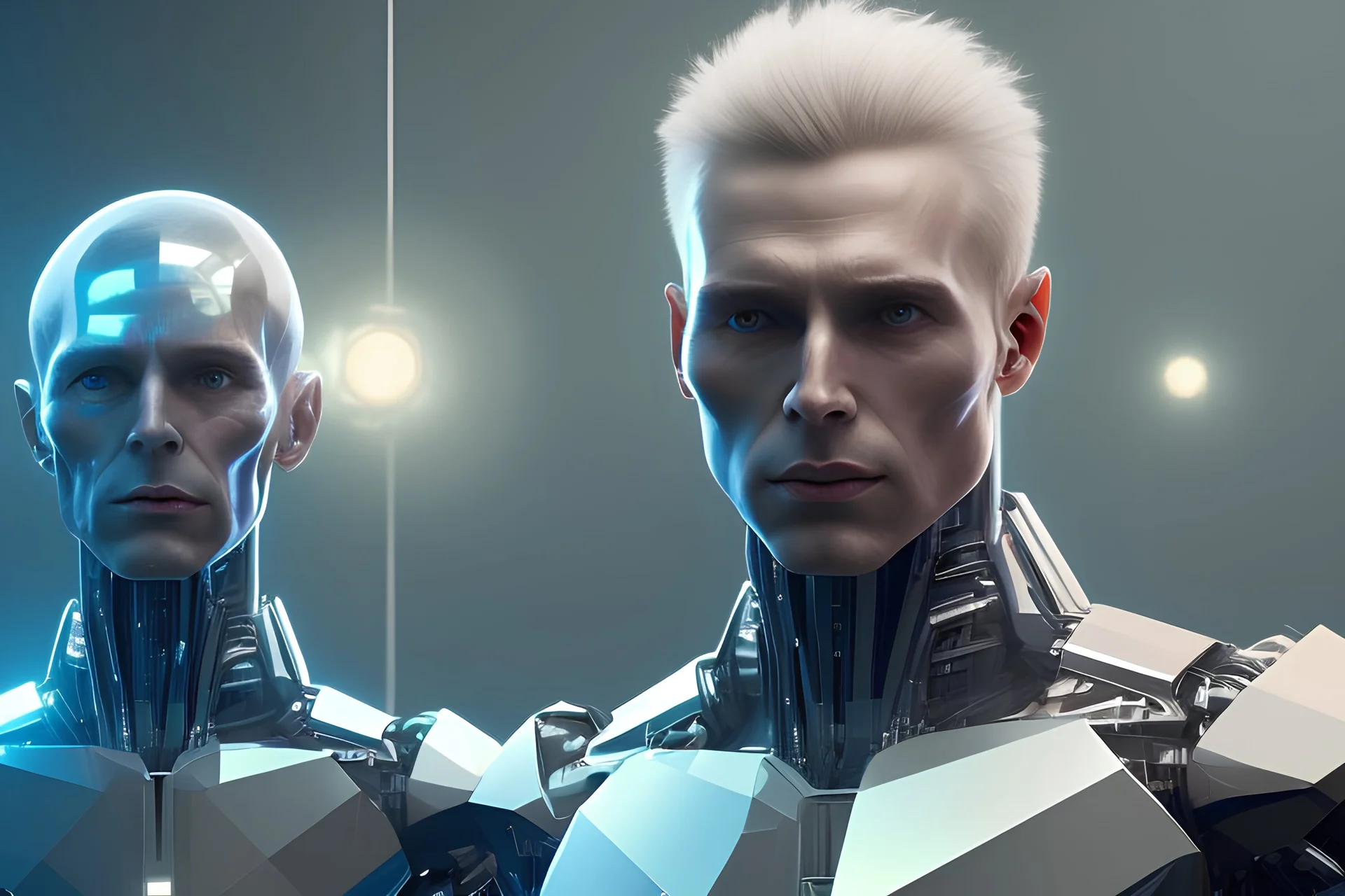 Hybrid male human/android, 35 years, quirky, only head is human with rest of body android, sitting at navigation console of star cruiser ship, casual, hyper-photo-realistic, detailed, cinematic lighting