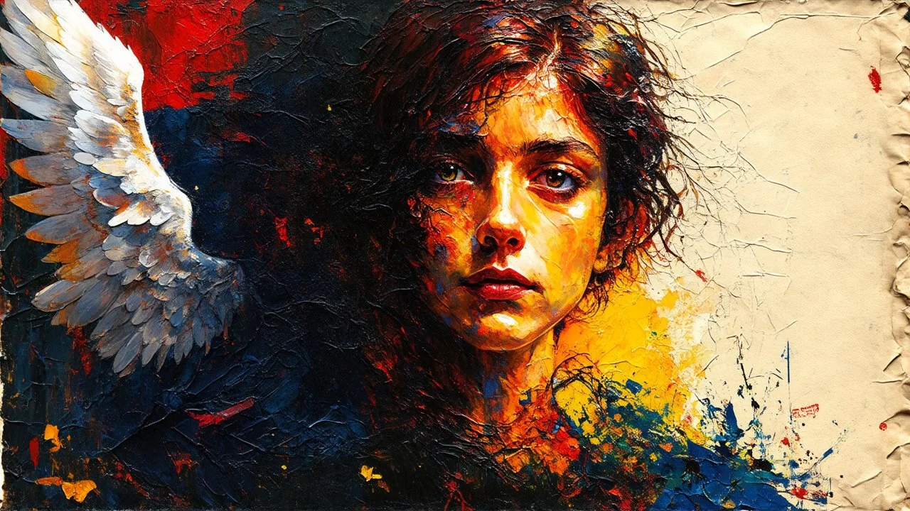 old worn postcard, Portrait Light and darkness in one person, angel and demon in one person, abstract art additional colors small details,