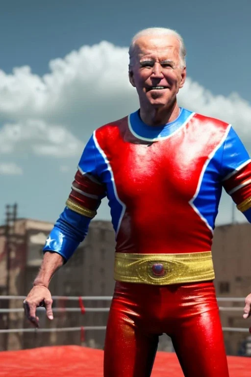 realistic image of joe biden as a mexican wrestling, red and blue breeches, retro style, 80s, vibrant color, highly detailed, sky background, concept art, unreal engine 5, god rays, ray tracing, RTX, lumen lighting, ultra detail, volumetric lighting, 3d, finely drawn, high definition, high resolution.