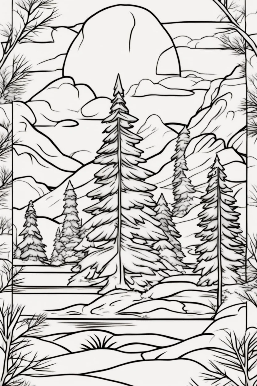 coloring page, pine tree, cartoon style, thick lines, low detail, no shading