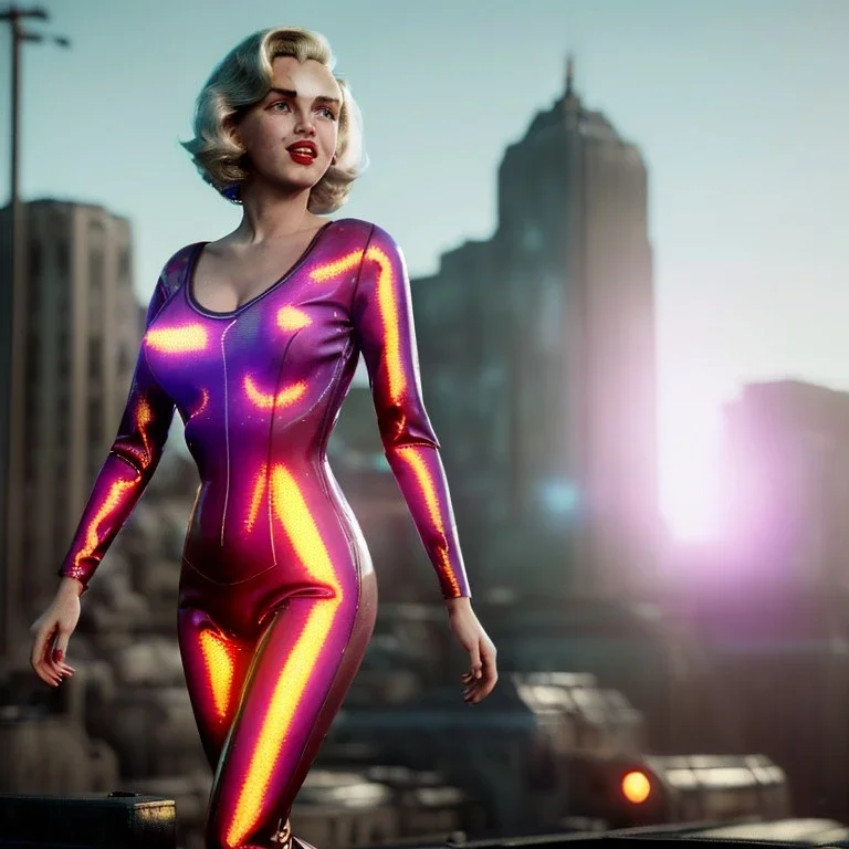 Realistic movie image, retro sci-fi, portrait, blonde action woman, sweet Marylin Monroe face, perfect iris, glow eyes. tight latex tights suit. City, metropolis movie style . epic style, vibrant color, highly detailed, unreal engine 5, ray tracing, RTX, lumen lighting, ultra detail, volumetric lighting, 3d, finely drawn, high definition, high resolution.