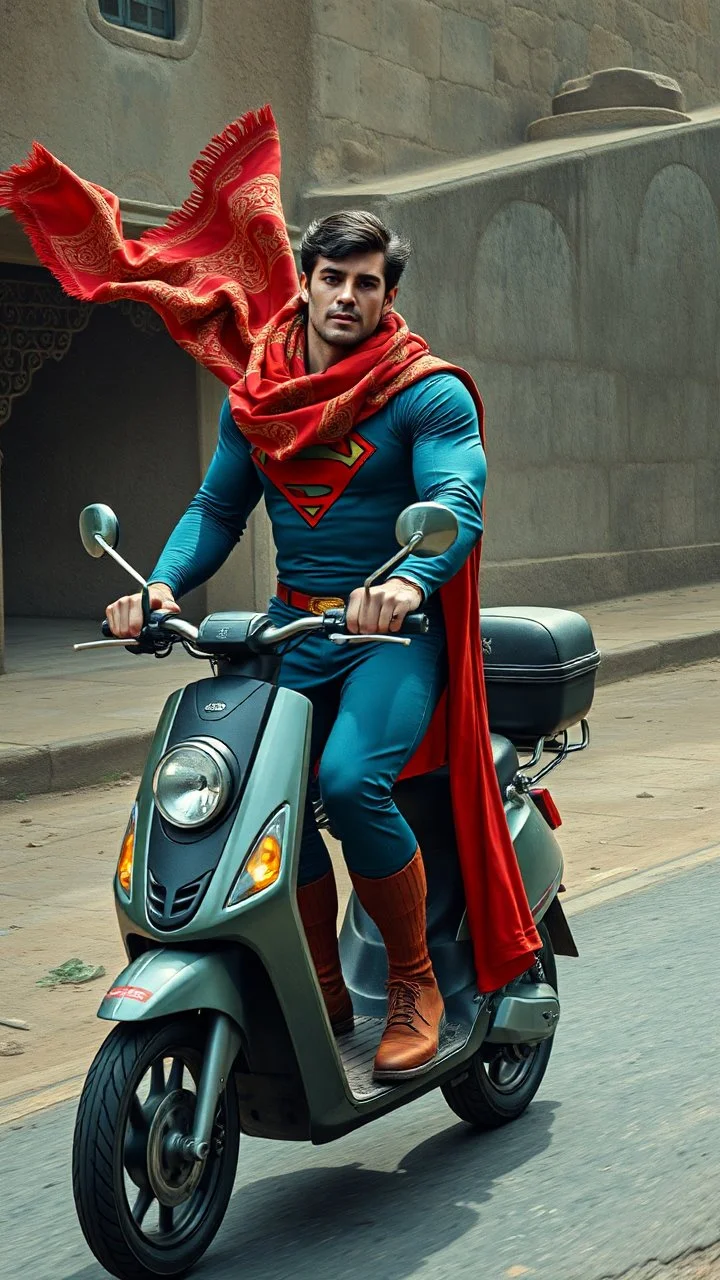 Hieronymus Bosch style , superman wearing a an Arabic scarf on electric scooter 4k