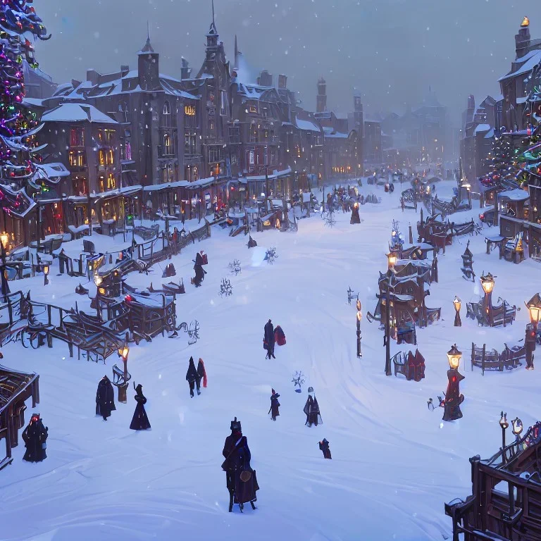 A snowy warlock Christmas festivities in town square with canals