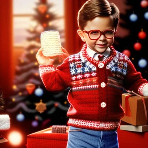 living room scene, ralphie peter billingsley glasses, boy in argyle sweater holding a (red barsoap)