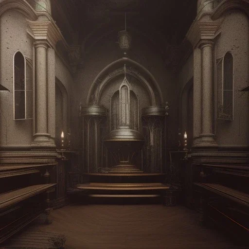 on old church interior, scary, steam punk, realistic, made in octane, cinematic, ultra-realistic, extremely detailed octane rendering, 8K, VRAY Super Real ar 2:3, dof photorealistic futuristic 50mm lens hard lighting dark gray tintype photograph, realistic lighting, sepia color