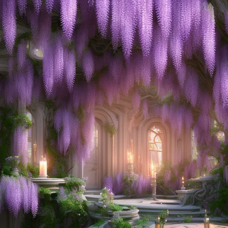 a magical flower wisteria house in the woods, pink vertical, sharp, vines, candlelit, endor, ornate, elegant, highly detailed, artstation, concept art, smooth, sharp focus, illustration, 8k, splash art, wallpaper, key visual