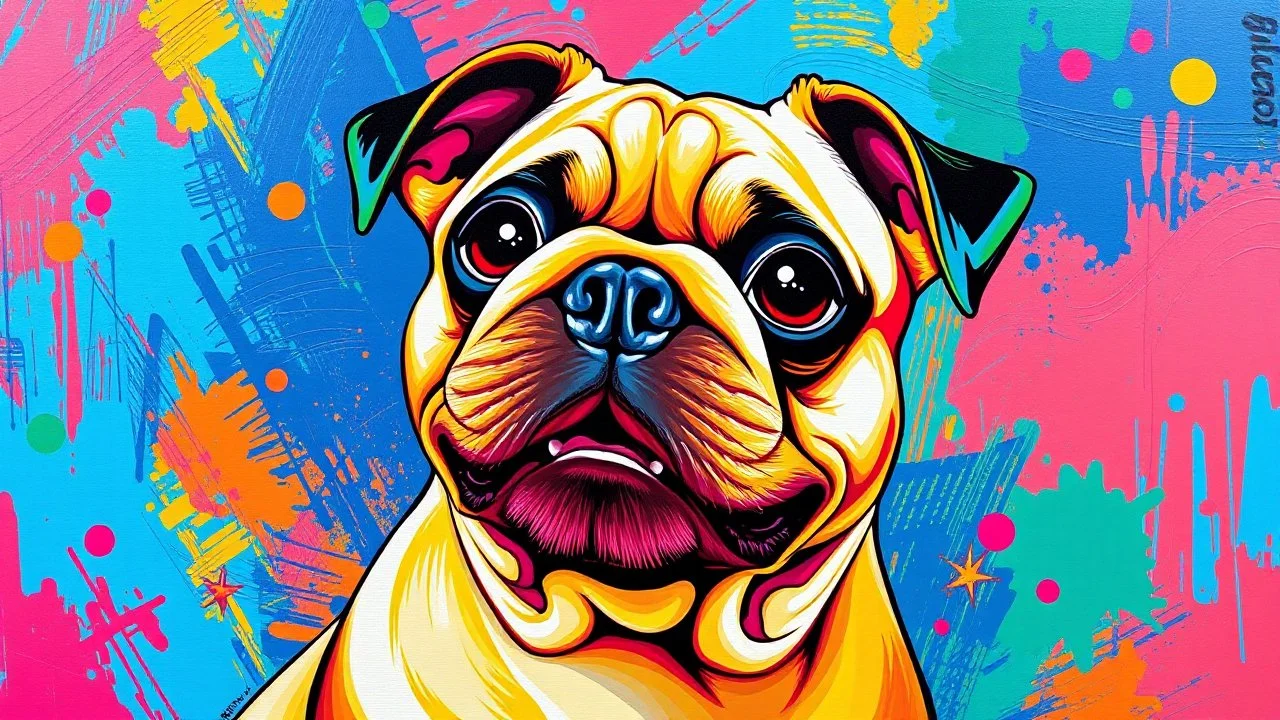 A creatively expressive Pug, vibrant with artistic flair, exudes charm and whimsy amidst a colorful backdrop. This pop art masterpiece captures the dog's playful personality through bold brushstrokes and vivid hues in a striking painting. Every detail pops with vibrancy, from the exaggerated features to the dynamic composition, showcasing the artist's skill and creativity. The artistic dog image is a testament to the beauty of modern art, inviting viewers to appreciate the unique and captivating