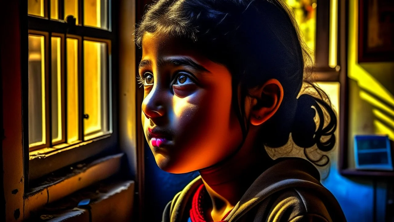 An 11-year-old girl looks out of a window inside the classroom, her hand is not visible, her complexion is Egyptian