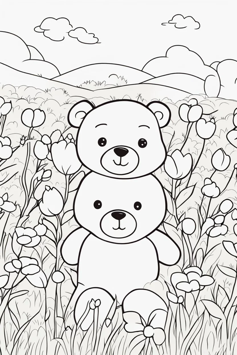 kids coloring page, stuffed bear in a field of flowers, cartoon style, thick lines, low detail, no shading