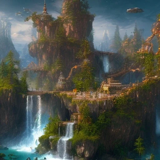 New Land by Einstein with waterfalls, 3d, high detail, symbols, 4k, ray traing, render, future punk, steam punk, magic in blue colors