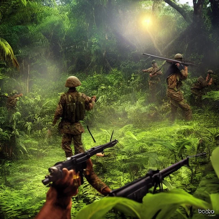 vietnam war. jungle. cd cover. bokeh. lens flare. warm lights. high detailed