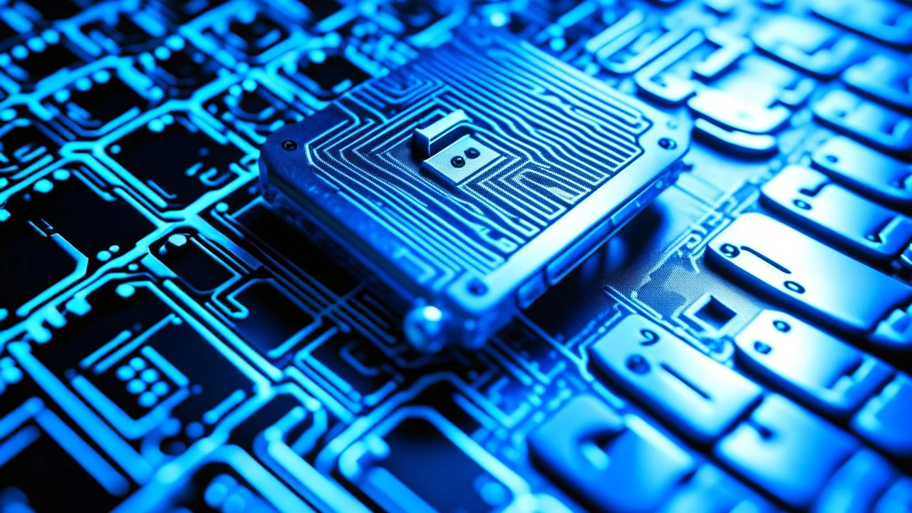 The image closely depicts a computer keyboard secured with a complex digital lock. The blue and white colors reflect the technological and security aspects of the subject. As an expression of digital protection and a focus on security in the era of digital communication, this image represents the balance between technology and personal safeguarding.