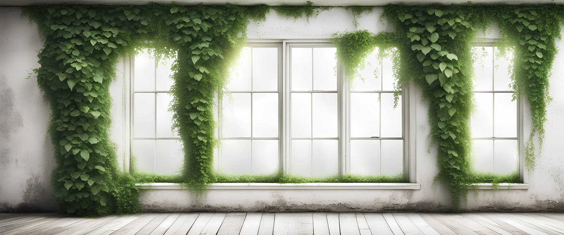 Hyper Realistic Green foliage on a rustic white wall & windows with vignette effect