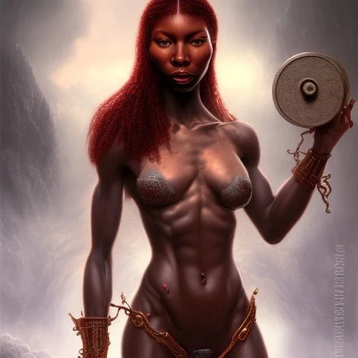 michaela coel ginger, freckles, red hair, bodybuilder by gerald brom luis royo