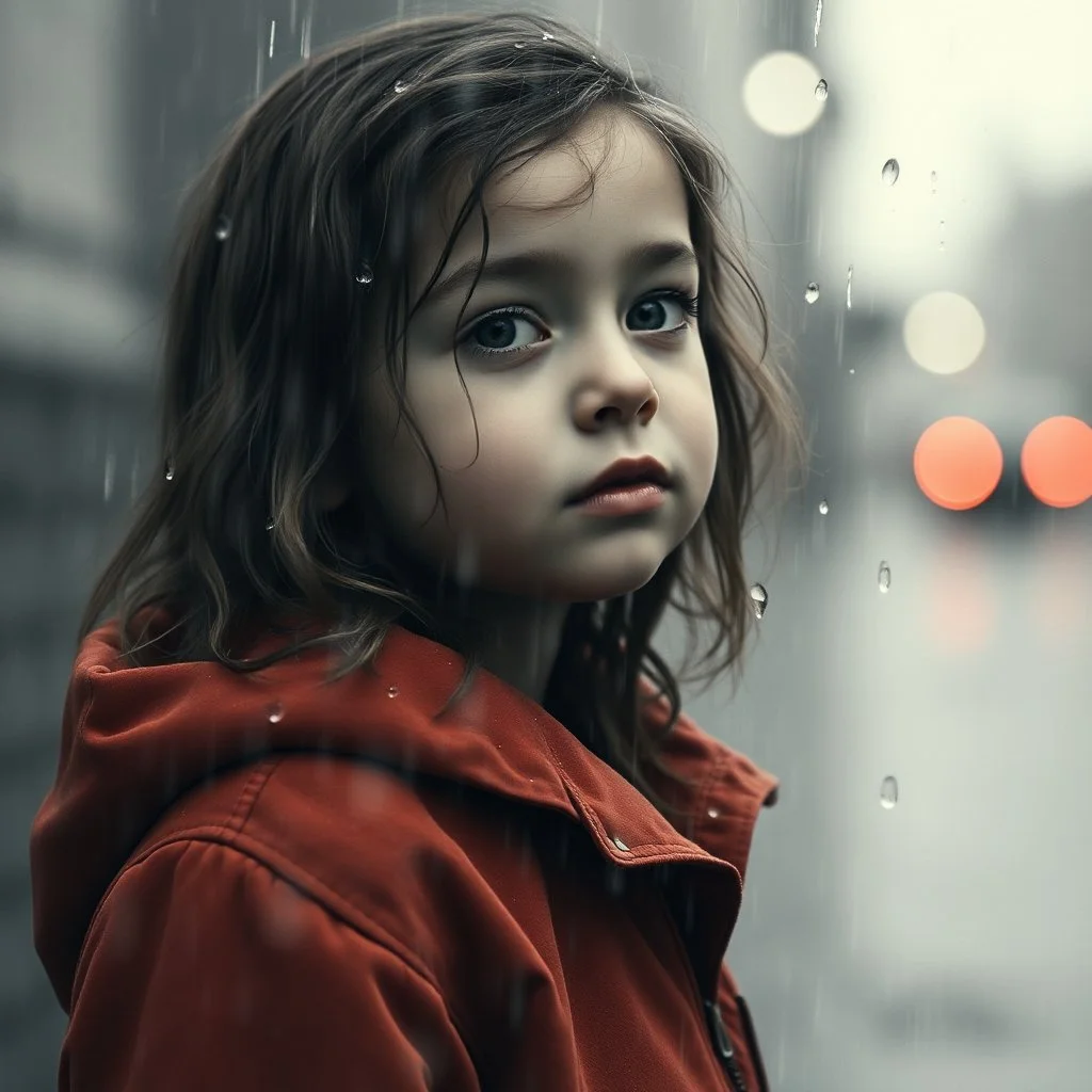 A little girl in the rain, monochromatic tonnes color