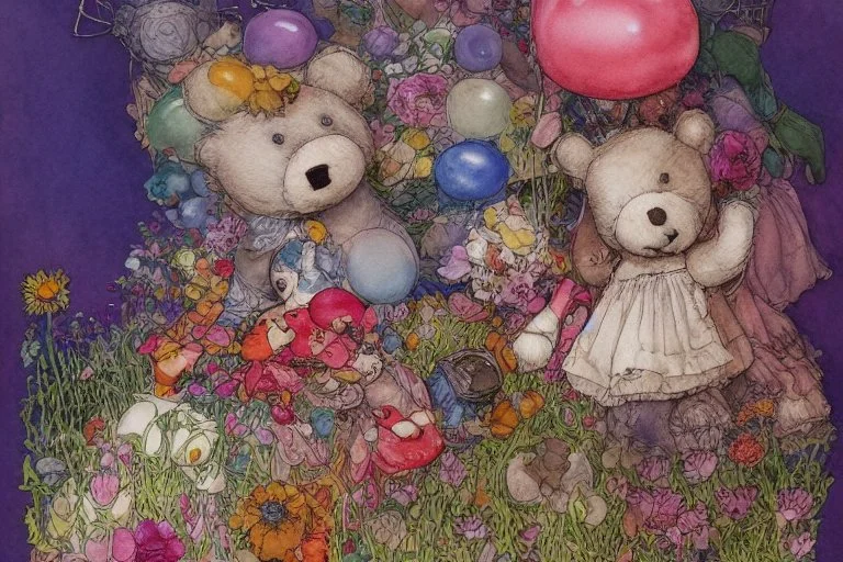 line art, watercolor wash, ( patchwork teddy bear sitting amongst flowers and balloons) brian froud style, carl larsson style, colourful palate, perfect composition, detailed background by daniel_merriamn summers day, studio photo, intricate details, highly detailed highly detailed elegant studio lighting intricate beautiful award winning crisp quality colourful very cute Daniel Merriam Daniel Gerhartz midjourney quality